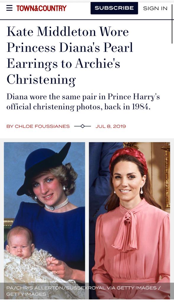 Kate wears Diana's pearl earrings to Archie's christening