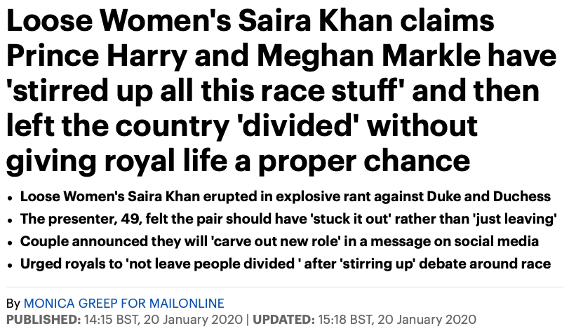 Saira Khan blamed Prince Harry and Meghan for stirring up racial tensions in the country